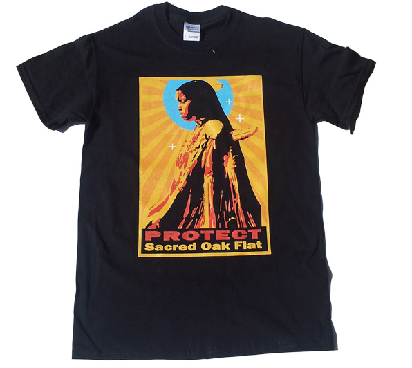 Multi-color process. Black shirt with a yellow background and the side profile of an indigenous person facing right. A blue moon and yellow sun rays combines into the background. The text at bottom is "protect sacred oak flat". Union printed shirts.
